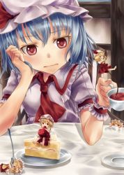 Rule 34 | 5girls, ascot, blonde hair, blue hair, cake, cup, eating, female focus, flandre scarlet, food, fork, four of a kind (touhou), fruit, hat, hat ribbon, laevatein, lying, mini person, minigirl, mob cap, multiple girls, on back, open mouth, pink eyes, plate, red eyes, remilia scarlet, ribbon, shirt, short sleeves, siblings, sisters, sitting, skirt, skirt set, smile, strawberry, table, teacup, touhou, wrist cuffs, yoi (tokoyoi)