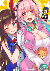 Rule 34 | 3girls, :p, a-chan (hololive), absurdres, ankimo (tokino sora), bare shoulders, black-framed eyewear, black hair, black shirt, blue eyes, blush, breast envy, breasts, brown hair, buttons, cleavage, collar, collarbone, crying, flat chest, glasses, gloves, hair ornament, headphones, highres, hololive, jewelry, large breasts, long hair, looking at viewer, medium hair, multiple girls, necklace, nitroplus, one eye closed, open mouth, pink hair, red eyes, shirt, smile, star (symbol), stuffed animal, stuffed toy, super sonico, tears, teddy bear, tokino sora, tokino sora (1st costume), tonarikeru, tongue, tongue out, virtual youtuber, white collar, white gloves