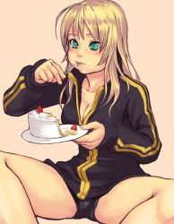 Rule 34 | 1girl, aqua eyes, bad id, bad pixiv id, bike shorts, blonde hair, breasts, cake, cleavage, eating, food, fork, green eyes, holding, holding fork, jacket, long hair, medium breasts, mustard seeds, original, pastry, sepia background, simple background, solo, thighs, track jacket, yuuji (and)