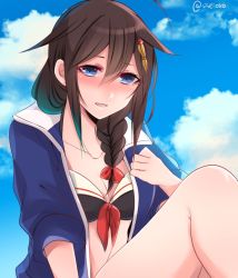 Rule 34 | 10s, 1girl, ahoge, bad id, bad pixiv id, bikini, bikini top only, black hair, blue eyes, blush, braid, breasts, brown hair, cleavage, day, hair flaps, hair ornament, hair over shoulder, hair ribbon, jacket, kantai collection, long hair, looking at viewer, nose blush, open clothes, open mouth, ribbon, shigure (kancolle), shigure kai ni (kancolle), shisei (kyuushoku banchou), single braid, sky, solo, swimsuit, twitter username