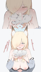 Rule 34 | 1girl, animal ear fluff, animal ears, black bra, blonde hair, blue archive, blue eyes, blue halo, blush, bra, breasts, cleavage, extra ears, grey shirt, hair over one eye, halo, highres, kanna (blue archive), large breasts, long hair, long sleeves, looking at viewer, multiple views, nipples, nsb36046 (na), open mouth, sharp teeth, shirt, teeth, translation request, underwear