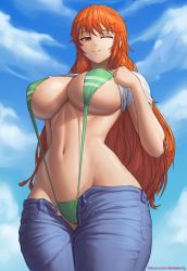 Rule 34 | 1girl, bikini, blue sky, breasts, brown eyes, closed mouth, clothes lift, cowboy shot, day, denim, from below, green bikini, highres, jeans, large breasts, long hair, nami (one piece), navel, one eye closed, one piece, open clothes, open fly, orange hair, pants, shirt, shirt lift, short sleeves, sky, slingshot swimsuit, smile, solo, standing, superbusty, swimsuit, thighs, undressing, white shirt, wink