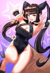 Rule 34 | 1girl, absurdres, armpits, bare shoulders, black dress, black footwear, blue eyes, blunt bangs, blush, breasts, china dress, chinese clothes, cleavage, detached sleeves, dress, fate/grand order, fate (series), gradient background, hair ornament, hands up, highres, large breasts, long hair, looking at viewer, open mouth, purple background, purple hair, shibao aoyama, side slit, sidelocks, smile, solo, star (symbol), starry background, thighs, twintails, very long hair, yang guifei (fate), yang guifei (second ascension) (fate)