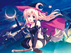 Rule 34 | 1girl, broom, broom riding, cape, cat, hat, highres, kusukusu, marie rudel, moon, night, night sky, sakura strasse, sidesaddle, sky, smile, solo, thighhighs, wallpaper, witch