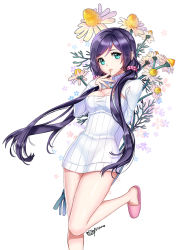 Rule 34 | 10s, 1girl, alternate costume, aqua eyes, arm behind back, bad id, bad pixiv id, breasts, briska, cleavage, cleavage cutout, clothing cutout, dress, female focus, finger to mouth, flower, jewelry, leg up, long hair, looking at viewer, love live!, love live! school idol festival, love live! school idol project, low twintails, medium breasts, meme attire, necklace, no socks, open-chest sweater, parted lips, purple hair, ribbed sweater, signature, simple background, slippers, solo, sweater, sweater dress, tojo nozomi, turtleneck, twintails, very long hair, white background