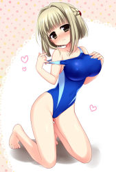 Rule 34 | 1girl, bare legs, barefoot, blue one-piece swimsuit, blush, breasts, brown eyes, brown hair, competition swimsuit, full body, hidamari sketch, kneeling, large breasts, looking at viewer, nagayama yuunon, nazuna (hidamari sketch), one-piece swimsuit, short hair, solo, strap slip, swimsuit