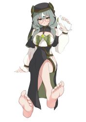 Rule 34 | 1girl, absurdres, barefoot, blush, feet, forest trees, glasses, green eyes, green hair, highres, long hair, looking at viewer, parted lips, soles, toes