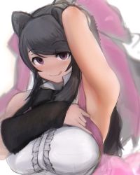 Rule 34 | 1girl, :q, animal ears, arm behind head, arm up, armpits, bangs, bare arms, bear ears, bergman&#039;s bear (kemono friends), black hair, blush, bow, bowtie, bracelet, breasts, center frills, empty eyes, eyebrows visible through hair, eyes visible through hair, frills, fur bracelet, hair bow, hand up, highres, huge bow, jewelry, kemono friends, large breasts, licking lips, long hair, looking at viewer, no nose, nose blush, purple eyes, seductive smile, shibori kasu, shirt, sketch, skirt, sleeveless, sleeveless shirt, smile, solo, suspender skirt, suspenders, swept bangs, taut clothes, taut shirt, tongue, tongue out, upper body, very long hair
