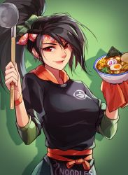 Rule 34 | 1girl, akali, alternate costume, animification, black hair, black shirt, bracelet, breasts, commentary, egg, english commentary, food, green background, hair behind ear, headband, hood, hoodie, jewelry, league of legends, making-of available, medium breasts, noodles, open mouth, orange headband, orange hoodie, ponytail, ramen, red eyes, shadow, shirt, smile, solo, v-shaped eyebrows, vmat