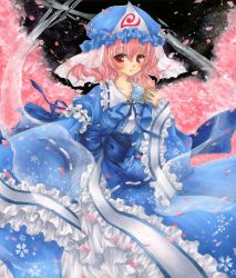 Rule 34 | 1girl, acrylic paint (medium), breasts, bug, butterfly, cherry blossoms, female focus, folding fan, ghost, hand fan, hat, bug, japanese clothes, medium breasts, nature, painting (medium), pink hair, plant, rano, red eyes, saigyouji yuyuko, solo, touhou, traditional media, triangular headpiece