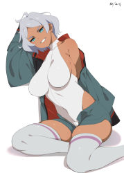 Rule 34 | 1girl, ahoge, aqua eyes, arm at side, arm up, armpit crease, asticassia school uniform, breasts, collarbone, commentary request, covered navel, dark-skinned female, dark skin, dated, foot out of frame, green jacket, green shorts, grey hair, grey thighhighs, grin, gundam, gundam suisei no majo, halterneck, highleg, highleg leotard, highres, jacket, large breasts, leaning to the side, leotard, leotard under clothes, long sleeves, looking at viewer, off shoulder, open clothes, open jacket, open shorts, parted bangs, school uniform, secelia dote, short hair, short shorts, shorts, sideboob, simple background, single bare shoulder, sitting, skindentation, sleeves past fingers, sleeves past wrists, smile, solo, thighhighs, two-sided fabric, two-sided jacket, white background, white leotard, yokozuwari, yu-ta