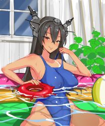 Rule 34 | 1girl, ball, beachball, black hair, blue one-piece swimsuit, competition swimsuit, cowboy shot, enemy lifebuoy (kancolle), covered erect nipples, headgear, highleg, highleg swimsuit, impossible clothes, impossible swimsuit, kantai collection, long hair, nagato (kancolle), one-piece swimsuit, plant, red eyes, siomesi, sitting, solo, swimsuit, tan, tanline, vines, wading pool, water, window