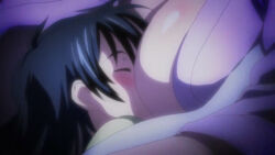 2girls between_breasts black_hair breast_pillow breasts cleavage head_between_breasts huge_breasts japanese_clothes kimono manyuu_chifusa manyuu_hikenchou mother_and_daughter multiple_girls screencap sleeping