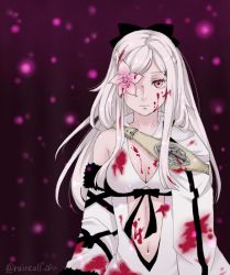Rule 34 | 1girl, blood, bow, breasts, cleavage, closed mouth, drag-on dragoon, drag-on dragoon 3, dress, flower, flower eyepatch, flower over eye, hair bow, long hair, looking at viewer, navel, pink eyes, side cape, solo, white hair, zero (drag-on dragoon)