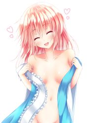 Rule 34 | 1girl, bare shoulders, blue dress, breasts, cleavage, dress, closed eyes, heart, japanese clothes, kimono, long sleeves, merxkialis, midriff, navel, no bra, no headwear, no headwear, no panties, open clothes, out-of-frame censoring, pink hair, saigyouji yuyuko, short hair, smile, solo, stomach, touhou, undressing