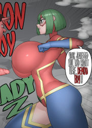 Rule 34 | 1boy, 1girl, bodysuit, breasts, censored, character name, clothing cutout, demon boy, demon horns, domino mask, ekz (robotekz), english text, fang, green eyes, green hair, highres, horns, huge breasts, lady zuri, mask, mosaic censoring, motion lines, open mouth, original, penis, red mask, superhero costume, teeth, thigh cutout
