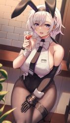 Rule 34 | 1girl, :d, animal ears, azur lane, bare shoulders, black gloves, black leotard, black neckwear, bow, bowtie, braid, breasts, brown pantyhose, buran (22x), collarbone, covered navel, cup, drink, drinking glass, elbow gloves, fake animal ears, feet out of frame, gloves, highres, holding, holding cup, indoors, large breasts, leotard, leotard under clothes, long hair, looking at viewer, name tag, necktie, official alternate costume, open mouth, pantyhose, purple eyes, rabbit ears, reno (azur lane), reno (reno bunnino) (azur lane), sideboob, silver hair, single glove, sitting, skindentation, sleeveless, smile, solo, thigh strap, white bow, white bowtie, wrist cuffs