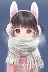 Rule 34 | 1girl, animal ears, black hair, blue background, blunt bangs, breath, cherry print, child, coat, covered mouth, earmuffs, fake animal ears, food print, fringe trim, highres, long hair, long sleeves, looking at viewer, nakahara masahiko, original, rabbit ears, red eyes, scarf, simple background, solo, upper body, white scarf, winter clothes