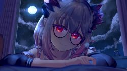 Rule 34 | 1girl, absurdres, arm rest, closed mouth, full moon, futayamam2, glasses, highres, honey strap, looking at viewer, mimikaki, moon, nanashi inc., night, pointy ears, portrait, sky, solo, suou patra, virtual youtuber, white hair