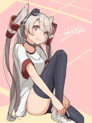 Rule 34 | 10s, 1girl, adjusting clothes, adjusting shoe, alternate costume, amatsukaze (kancolle), artist name, black thighhighs, buruma, gym shirt, gym uniform, hair tubes, highres, kantai collection, leg up, long hair, looking at viewer, sakuhiko, shirt, shoes, short sleeves, signature, silver hair, sitting, sneakers, solo, thighhighs, two side up