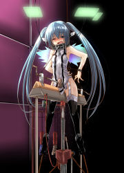 Rule 34 | 1girl, bdsm, blue eyes, blue hair, blush, bondage, bound, breasts, chain, collar, covered navel, cuffs, female focus, full body, fumihiro, garter straps, highres, long hair, looking at viewer, matching hair/eyes, nymph (sora no otoshimono), one eye closed, restrained, sex machine, slave, small breasts, solo, sora no otoshimono, stationary restraints, thighhighs, twintails, wings, wooden horse