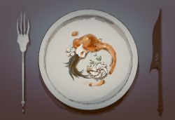 Rule 34 | 1other, broken vessel (hollow knight), chinese commentary, commentary request, cutlery, flower, food focus, fork, from above, funeralll black, highres, hollow knight, knife, lying, mask, no humans, on plate, on side, orange eyes, oversized object, plate, solo, table knife, white flower