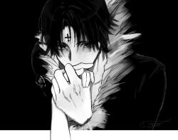 Rule 34 | 1boy, 1other, chrollo lucilfer, coat, cross tattoo, forehead tattoo, fur-trimmed coat, fur trim, greyscale, highres, holding hands, hunter x hunter, looking at viewer, male focus, monochrome, pov, pov hands, shishanmo, signature, simple background, solo focus, tattoo, upper body