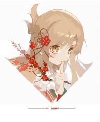 Rule 34 | 1girl, 2020, asuna (sao), blonde hair, branch, closed mouth, finger to mouth, flower, hair flower, hair ornament, hand up, highres, holding, holding branch, light blush, long hair, looking at viewer, simple background, solo, sword art online, upper body, white background, yellow eyes, zhanjin