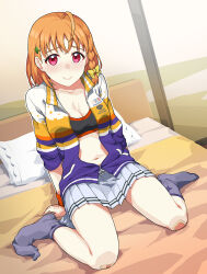 Rule 34 | 1girl, ahoge, bandaid, blush, bow, braid, breasts, cleavage, clover hair ornament, hair ornament, indoors, jacket, looking at viewer, love live!, love live! sunshine!!, medium breasts, navel, on bed, open clothes, open jacket, orange hair, partially unzipped, pleated skirt, red eyes, ribbon, short hair, side braid, sitting, skirt, smile, sports bra, takami chika, wariza, waste-man, yellow bow, yellow ribbon