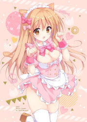Rule 34 | 1girl, animal ears, apron, artist name, bad id, bad pixiv id, bow, breasts, brown eyes, brown footwear, brown hair, cat ears, cat tail, circle name, cupcake, doughnut, dress, food, frilled apron, frills, hair between eyes, hair bow, hair ornament, hands up, heart, izuminanase, loafers, long hair, looking at viewer, maid, medium breasts, open mouth, original, paw pose, pink bow, pink dress, shoes, sidelocks, smile, solo, star (symbol), star hair ornament, tail, tareme, thighhighs, thighs, waist apron, white thighhighs, wrist cuffs