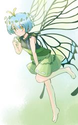 Rule 34 | 1girl, antennae, aqua hair, bad anatomy, bad arm, bad perspective, bare legs, barefoot, blush, butterfly wings, closed mouth, dress, eternity larva, fairy, full body, green dress, hair between eyes, insect wings, leaf, leaf on head, multicolored clothes, multicolored dress, one-hour drawing challenge, rangycrow, short hair, short sleeves, solo, touhou, wings, yellow eyes