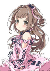 Rule 34 | 1girl, bare shoulders, blush, brown eyes, brown hair, character name, closed mouth, curtained hair, dot nose, dress, earrings, frilled dress, frills, heart, heart earrings, idolmaster, idolmaster cinderella girls, jewelry, kuresuku (lessons), light smile, long hair, looking at viewer, off shoulder, own hands together, pink dress, ribbon-trimmed dress, ribbon-trimmed sleeves, ribbon earrings, ribbon trim, shimamura uzuki, side ponytail, sidelocks, simple background, solo, upper body, wavy hair, white background