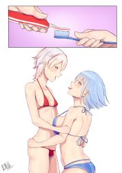 Rule 34 | 2girls, artist name, band-width, bikini, blue bikini, blue eyes, blue hair, breasts, cleavage, collarbone, comic, eye contact, highres, large breasts, looking at another, multicolored hair, multiple girls, open mouth, original, personification, profile, red eyes, red hair, signature, streaked hair, swimsuit, toothbrush, toothpaste, white background, white hair