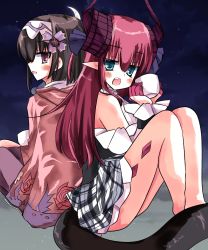 Rule 34 | 2girls, aqua eyes, back-to-back, bare shoulders, black hair, brown eyes, commentary request, crescent moon, cup, curled horns, elizabeth bathory (fate), elizabeth bathory (fate/extra ccc), elizabeth bathory (second ascension) (fate), fate/grand order, fate (series), hairband, holding, holding cup, horns, long hair, moon, multiple girls, night, night sky, open mouth, osakabehime (fate), pink eyes, pink hair, pixiv fate/grand order contest 2, pointy ears, purple hairband, purple legwear, ruugaruu, sitting, sky, star (sky), tail