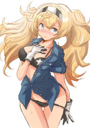 Rule 34 | 1girl, black bra, black panties, blonde hair, blue eyes, blue shirt, bra, breasts, collared shirt, cowboy shot, fuji (pixiv24804665), gambier bay (kancolle), hairband, highres, kantai collection, large breasts, looking at viewer, panties, panty pull, shirt, simple background, solo, star (symbol), star print, twintails, underwear, upper body, white background