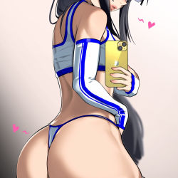 Rule 34 | 1girl, adapted costume, artist name, ass, bare shoulders, black hair, blunt bangs, cloudy rain4, detached sleeves, head out of frame, heart, highres, huge ass, kill la kill, kiryuuin satsuki, lips, long hair, phone, selfie, simple background, solo, sports bra, thong