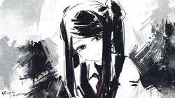 Rule 34 | 1girl, :/, absurdres, artist name, closed mouth, collared shirt, dated, faux traditional media, greyscale, head tilt, highres, jill stingray, long hair, looking at viewer, monochrome, necktie, portrait, red eyes, red necktie, rnna, shirt, sidelocks, solo, spot color, swept bangs, twintails, va-11 hall-a, vest