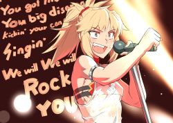 Rule 34 | 1girl, bad id, bad pixiv id, blonde hair, clenched hand, commentary request, english text, fate/grand order, fate (series), grey eyes, lyrics, microphone, mikoyan, mordred (fate), mordred (fate/apocrypha), music, open mouth, ponytail, queen (band), red scrunchie, scrunchie, shirt, singing, solo, upper body, wet, wet clothes, wet shirt