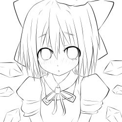 Rule 34 | 1girl, blush, bow, cirno, collared shirt, dress, greyscale, hair between eyes, hayasit, highres, lineart, looking at viewer, monochrome, pinafore dress, shirt, short hair, sleeveless dress, solo, touhou, wars-ma, white background