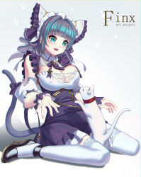 Rule 34 | 1girl, absurdres, animal ears, apron, aqua eyes, aqua hair, azur lane, black footwear, black hair, blush, breasts, cat, cat ears, cat girl, cat tail, cheshire (azur lane), cleavage, collar, detached sleeves, dress, finx, frilled headband, full body, garter straps, gradient background, high heels, highres, large breasts, long ribbon, looking at viewer, maid, maid headdress, multicolored hair, open mouth, puffy detached sleeves, puffy sleeves, purple apron, purple hair, red collar, ribbon, shoes, sitting, smile, streaked hair, tail, thighhighs, white cat, white thighhighs, wrist cuffs
