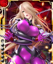 Rule 34 | 1girl, blonde hair, blush, bodysuit, breasts, card (ex-red), card (medium), chain, colored skin, crossed arms, curvy, elbow gloves, female focus, gloves, green eyes, huge breasts, kunai, lilith-soft, long hair, looking at viewer, sano toshihide, shiny skin, smile, solo, taimanin (series), taimanin asagi, taimanin asagi battle arena all card gallery, taimanin asagi kessen arena, tekkain kaworu (taimanin asagi battle arena), weapon, white skin