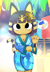 Rule 34 | absurdres, animal crossing, animal ears, ankha (animal crossing), blush, bob cut, breasts, cat, cat ears, cat girl, cleavage, closed mouth, furry, furry female, highres, japanese clothes, kimono, nekomusume, nintendo, onibifazk, striped tail, summer festival, tail, thighs, yellow fur