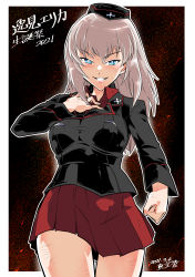 Rule 34 | 1girl, absurdres, artist name, birthday, black hat, black jacket, blue eyes, border, character name, clenched hand, commentary request, cowboy shot, dated, dress shirt, garrison cap, girls und panzer, grin, half-closed eyes, hand on own throat, hat, highres, huge filesize, insignia, itsumi erika, jacket, kuromorimine military uniform, long sleeves, looking at viewer, medium hair, military, military hat, military uniform, miniskirt, outline, outside border, partial commentary, pleated skirt, red shirt, red skirt, shinkuukan (tetsuo3), shirt, signature, silver hair, skirt, smile, smirk, solo, standing, throat microphone, translated, uniform, v-shaped eyes, white border, white outline, wing collar