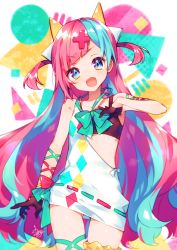 Rule 34 | 1girl, :d, bare shoulders, black gloves, blue eyes, blue hair, bow, bowtie, gloves, green neckwear, hair ornament, highres, long hair, looking at viewer, multicolored hair, open mouth, pink hair, pinky pop hepburn, shimogu, signature, smile, the moon studio, two-tone hair, very long hair, virtual youtuber, x hair ornament