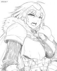Rule 34 | 1girl, ahoge, armor, armored dress, breasts, cape, chain, fate/grand order, fate (series), faulds, fur-trimmed cape, fur-trimmed sleeves, fur collar, fur trim, gauntlets, greyscale, headpiece, jeanne d&#039;arc (fate), jeanne d&#039;arc alter (avenger) (fate), jeanne d&#039;arc alter (fate), large breasts, monochrome, open mouth, short hair, signature, solo, upper body, wangphing, white background