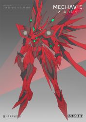 Rule 34 | artist name, character name, commentary, commission, english commentary, floating, fusion, green eyes, harryych, highres, mecha, mechanical wings, no humans, open hands, robot, science fiction, weltall-2, weltall-id, wings, xenogears, xenogears (mecha)