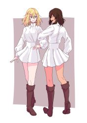 Rule 34 | 10s, 2girls, andou (girls und panzer), bc freedom military uniform, black footwear, black hair, blonde hair, blue eyes, boots, closed mouth, dark skin, dark-skinned female, dress shirt, facing another, from behind, full body, girls und panzer, grey background, high collar, highres, kani aruki (bucket crawl), knee boots, locked arms, looking at another, medium hair, military, military uniform, miniskirt, multiple girls, open mouth, oshida (girls und panzer), outside border, pleated skirt, shirt, skirt, smile, standing, uniform, white shirt, white skirt