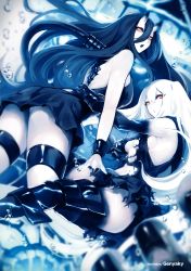 Rule 34 | 10s, abyssal ship, air bubble, aircraft carrier oni, arm up, artist name, bare shoulders, battleship princess, black dress, black gloves, black legwear, blurry, breasts, bubble, depth of field, dress, from side, genyaky, gloves, hair between eyes, highres, horns, kantai collection, long hair, looking at viewer, medium breasts, nail polish, non-web source, one side up, orange eyes, short dress, skin-covered horns, thighhighs, thighlet, torn clothes, underboob, underwater, very long hair, white hair, wrist cuffs