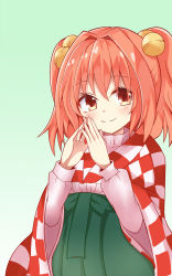 Rule 34 | 1girl, bell, blush, checkered clothes, checkered shirt, fingers together, hair bell, hair ornament, hakama, hakama skirt, highres, japanese clothes, jingle bell, keyaki chimaki, kimono, looking at viewer, meiji schoolgirl uniform, motoori kosuzu, one-hour drawing challenge, red eyes, red hair, shirt, short hair, skirt, smile, solo, touhou, two side up, upper body, wide sleeves