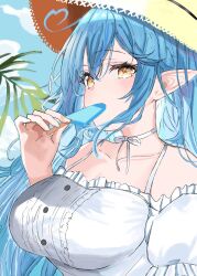 Rule 34 | 1girl, artist request, bare shoulders, blue hair, breasts, cloud, eating, female focus, food, food in mouth, hat, highres, hololive, large breasts, leaf, long ears, long hair, looking at viewer, popsicle, popsicle in mouth, sky, source request, virtual youtuber, yellow eyes, yukihana lamy
